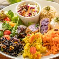 Molokai Sweet Potato Croquette Bento · Vegetarian. Served with five side dishes and two scoops of rice.