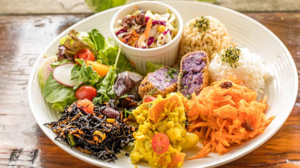Molokai Sweet Potato Croquette Bento · Vegetarian. Served with five side dishes and two scoops of rice.