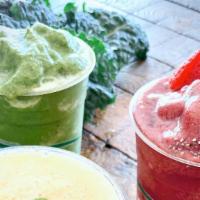 Green Booster · Vegan and vegetarian. Organic kale, organic local greens, banana, coconut milk, apple juice