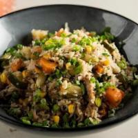-Vegan Stir Fry · Asaragus, Carrots, Zucchini, Peas, Wild Mushrooms, Corn, Basmati Rice; Soy Sauce Substitute