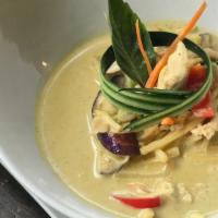 Green Curry · Hot and light sweet curry in the mixed of coconut milk, eggplants, bamboo shoots, string bea...