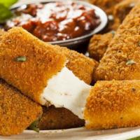 Mozzarella Sticks · Deep fried cheese sticks. Crispy on the outside, gooey on the inside. Served with a side of ...