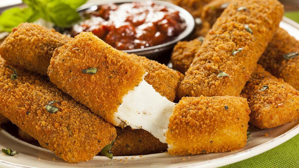 Mozzarella Sticks · Deep fried cheese sticks. Crispy on the outside, gooey on the inside. Served with a side of marinara sauce.