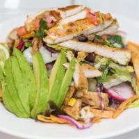 Tex Mex Chicken Salad Bowl · Grilled Chicken, Romaine Lettuce, Corn, Tomato, Onions, Tortilla Strip, Black bean,  Lime Ol...