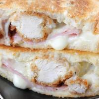 #9 Le Cordon Bleu · Crispy chicken cutlet strips wrapped in grilled ham & melted swiss cheese, honey mustard. Se...