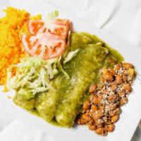 Bistec Enchiladas · Steak. Order of three enchiladas. Served with rice, beans, sour cream, lettuce, tomato, and ...