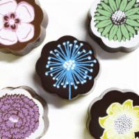 Flower Chocolate Caramels - Vanilla Sea Salt Caramel In Milk & Dark Chocolate · Box of 5 chocolate covered caramels, assorted design/colors