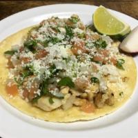 Tacos Pico · Corn tortilla with your meat preference topped with fresh pico de gallo and grated cotija ch...