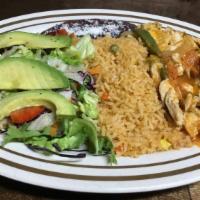 A La Mexicana · Chicken, steak, or shrimp cooked Mexican style served with rice, beans, salad, and four tort...