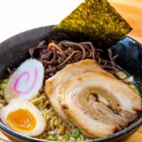 Shoyu Noodle · Chicken broth, shoyu base, namuru, pork belly or chicken, menma, sesame seeds, egg, nori, ki...