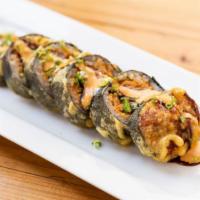 Godzilla Roll · Spicy tuna, avocado, and cream cheese inside, deep-fried on top with eel sauce and spicy may...
