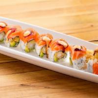 Summer Roll · Shrimp tempura, avocado inside, salmon on top with eel sauce, and spicy mayo.