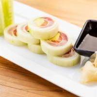 Naruto Roll · Tuna, salmon, yellowtail, and avocado inside, cucumber on top with ponzu sauce.