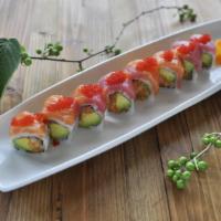 Ichiban Roll · Spicy yellowtail & avocado roll topped with tuna, salmon, red tobiko & wasabi-mayo sauce.