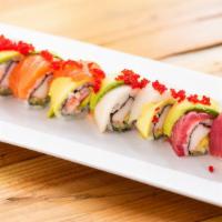 Rainbow Roll · Kani, cucumber, and avocado inside, tuna, salmon, yellowtail, avocado, tobiko on top.