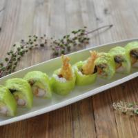 Green Fuji · Spicy crabmeat, shrimp tempura, eel & avocado wrapped in green - soybean seaweed & eel with ...