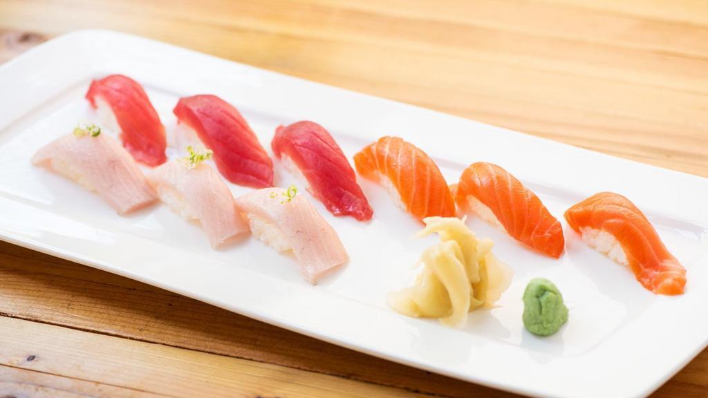 Tri-Color Sushi · 3 pcs each of tuna, salmon, yellowtail & California roll.