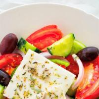 Large Greek Salad · Romaine hearts, red onions, Kalamata olives, tomatoes, cucumbers and feta cheese.