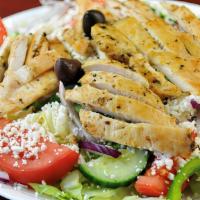 Large Greek Salad With Chicken · Grilled chicken breast, romaine hearts, red onions, kalamata olives, bell peppers, tomatoes,...