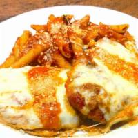 Chicken Parmigiana Dinner · Chicken cutlet with fresh tomato sauce topped with melted mozzarella.