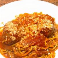 Spaghetti With Meatballs · Pasta with house made marinara sauce, 2 meatballs topped with grated Parmesan cheese.