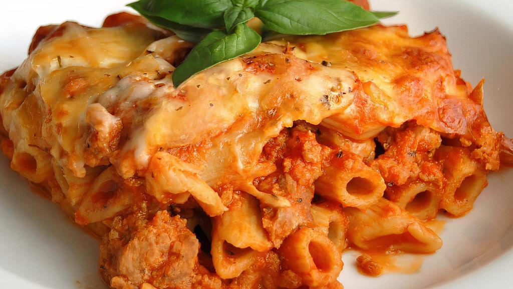 Baked Ziti With Grilled Chicken · Grilled chicken, ziti pasta mixed with ricotta and fresh tomato sauce topped with melted mozzarella.