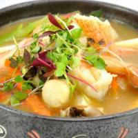 Mayum Soup · Shrimp, scallop, bean curd, potato, mushroom, okra, snow peas, scallion and carrot with curr...