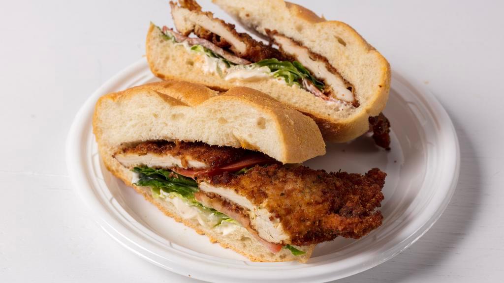 Chicken Cutlet Club · Chicken cutlet, lettuce, tomato, bacon and mayo.