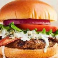 Bleu Cheese Bacon Burger · 1/2 pound burger, blue cheese crumbles, bacon, lettuce, tomato and special sauce on a brioch...