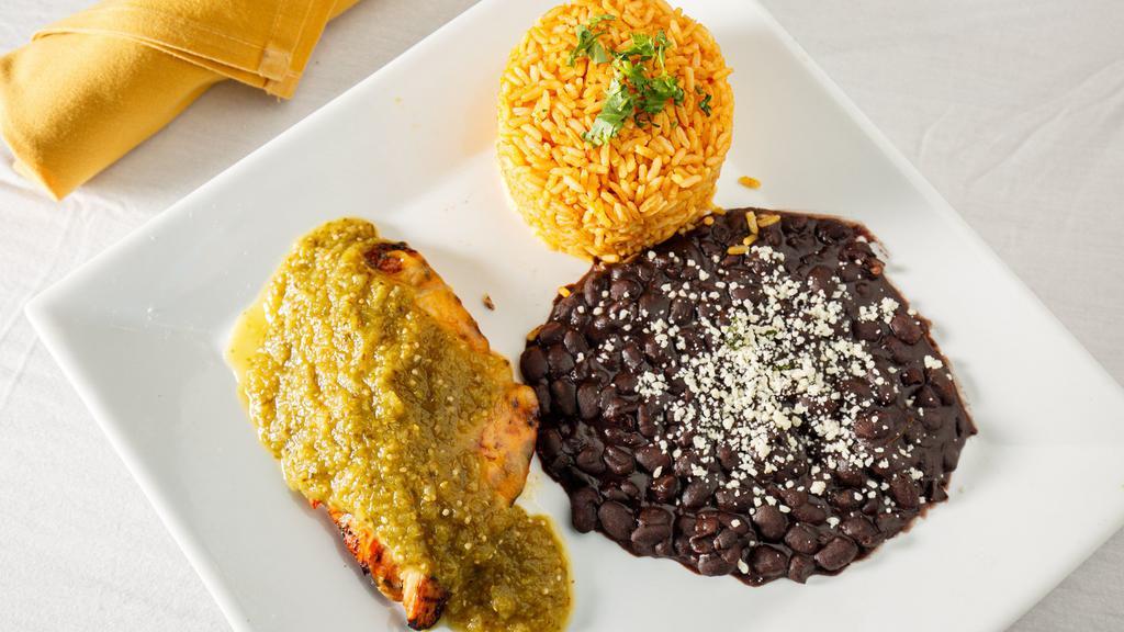 Pollo Loco · A premium chicken breast steamed with marinated sauce served with rice, beans, and guacamole salad.