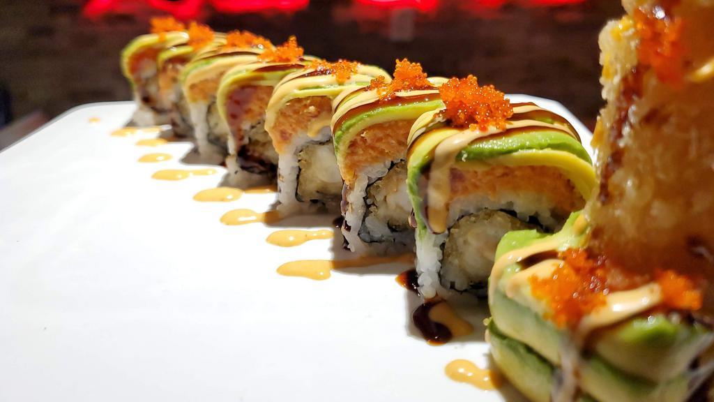 Samurai Roll · Shrimp tempura topped with spicy tuna, avocado, tobiko, spicy mayo, and eel sauce.