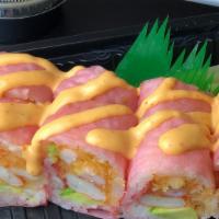 Pink Lady Roll · Shrimp tempura, eel, cucumber, avocado, tobiko wrapped with pinky soy paper.