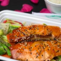 Salmon Teriyaki · Served with miso soup, salad, and steamed rice.