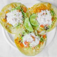 3 Vegetarian Tacos · Comes with rice, black or pinto beans, cotija cheese, sour cream, lettuce, and tomato.