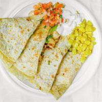 Shrimp Quesadilla · Sauteed onions and peppers. 12