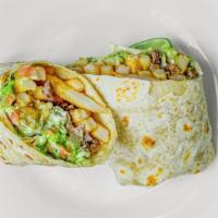 California Burrito · Grilled steak, French fries, cheese, sour cream, pico de gallo, and guacamole.