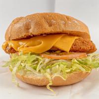 Classic Chicken Cutlet Sandwich · Breaded chicken, American cheese, lettuce, tomato and russian dressing on toasted roll.