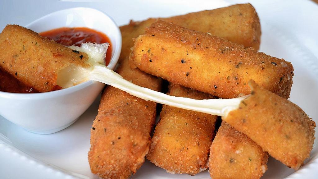 Mozzarella Sticks · 6 battered and breaded mozzarella sticks served with tomato sauce.