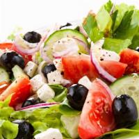 Greek Salad · Mixed greens with feta cheese, tomatoes, banana peppers, olives, croutons, and balsamic vina...