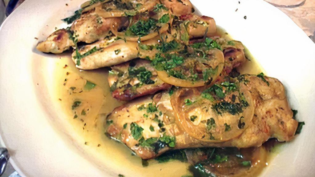 Pollo Alla Francese · Battered breast of chicken sautéed in lemon and white wine sauce with fresh parsley. Served with choice of side.