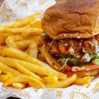 Spicy Fried Chicken Burger + Fries · Spicy fried chicken, tomato, lettuce, pickles, spicy mayo and fries