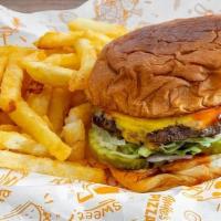 Classic Cheeseburger + Fries · Standard toppings: Lettuce, tomatoes, mayo,ketchup, onions, pickles and american cheese and ...