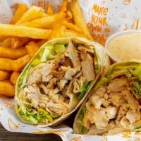 Grilled Chicken Caesar Wrap (-) · Grilled chicken,romaine, parmesan cheese and caesar dressing and side of fries.