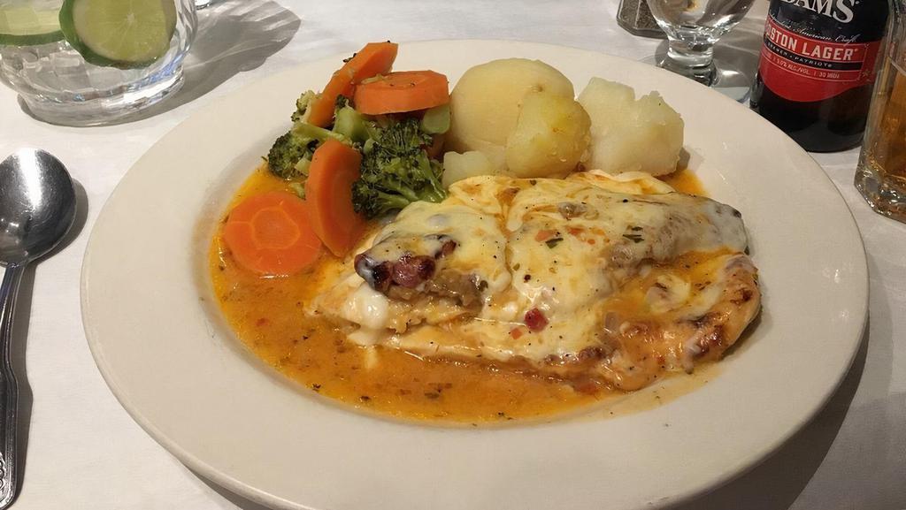 Chicken Sorrentino · Chicken scalopine, sliced eggplant prosciutto and mozzarella with a touch of tomato. Served with vegetables and potatoes.
