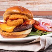 Barbecue Burger · Our delicious smoked bbq sauce, bacon, Cheddar cheese and onion rings. Served on a brioche b...