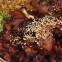 Sesame Chicken Lunch · Hot. Served with pork fried rice and soup.