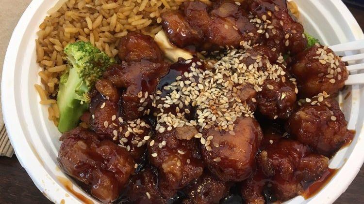 Sesame Chicken Lunch · Hot. Served with pork fried rice and soup.