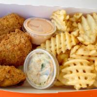 3 Piece Chik’N Bucket · 3 pieces fried chik'n seitan, fries, slaw, and your choice of sauce.