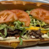 Cheese Steak Works · 8 oz steak topped with cheese, mushrooms, peppers, onions, mayonnaise, lettuce, tomatoes, ke...