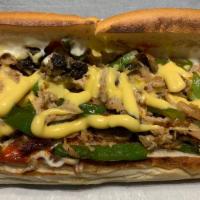 Chicken Cheese Steak · 8 oz chicken steak topped with cheese, peppers, onions, ketchup